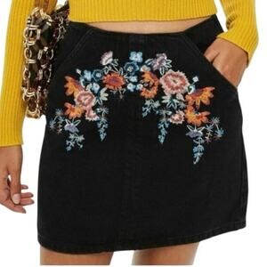 Vintage Y2K Topshop Moto Black Denim Mini Skirt Siz US 4 EU 36 Floral Embroidery